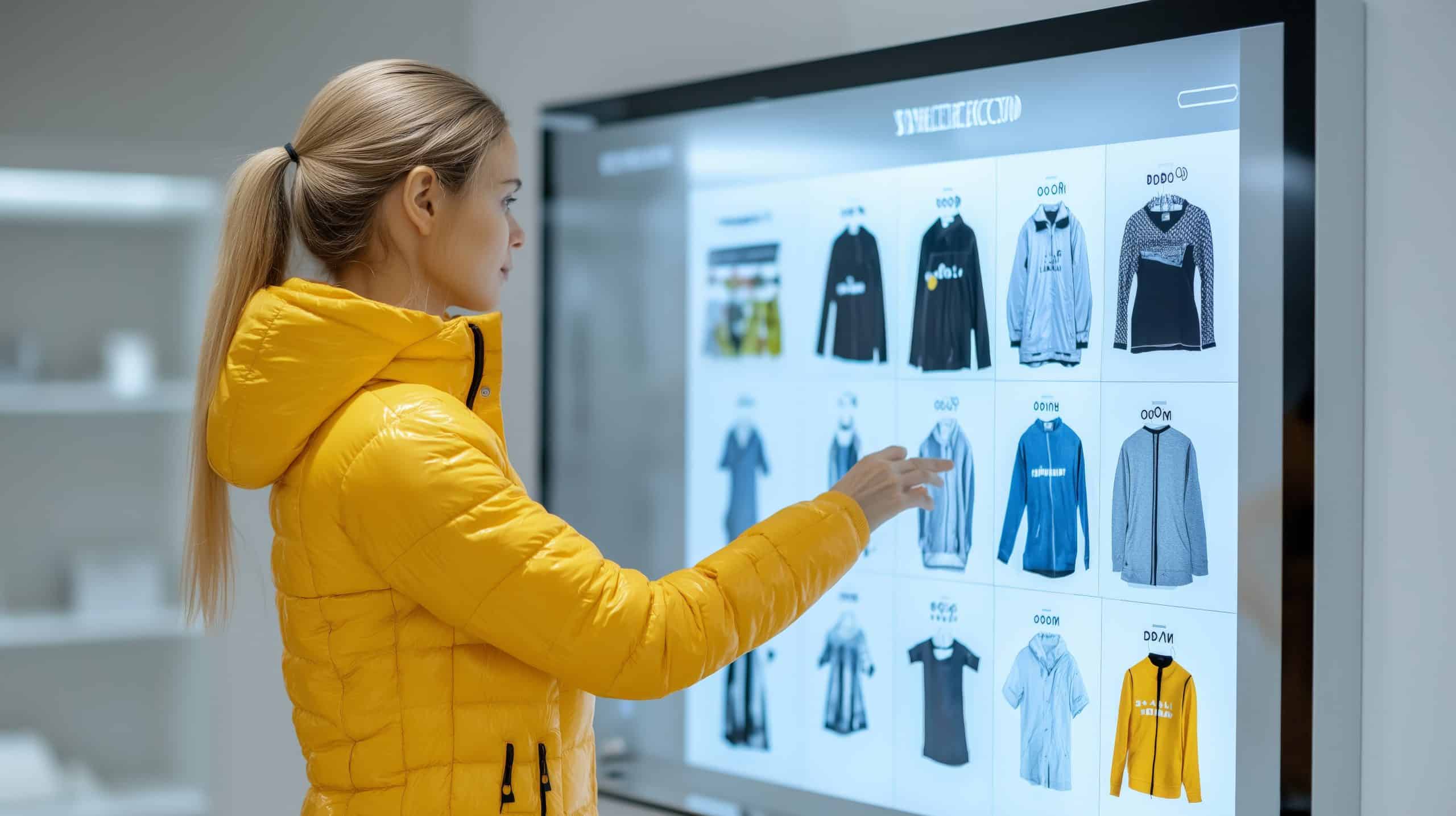 Retail shopper interacts with a digital catalog on a large screen