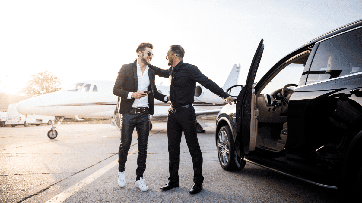 Two men meeting at the airport track