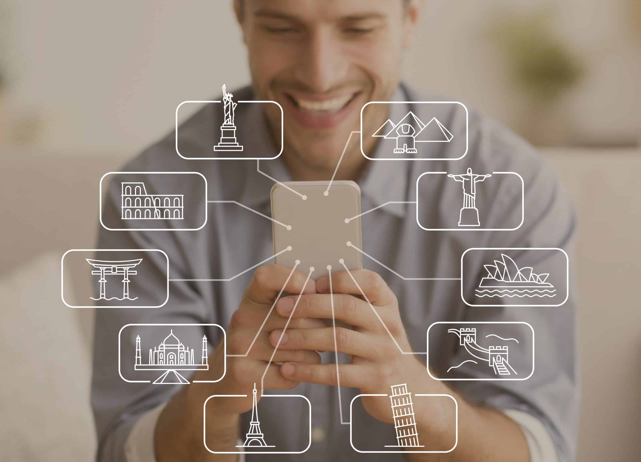 Smiling man browsing global travel destinations on smartphone